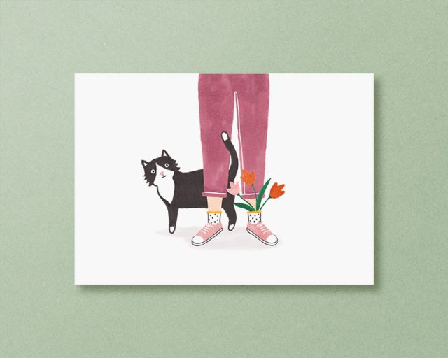 kaart zwarte kat bloemen