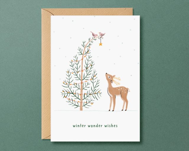 kerstkaart hert en vogels