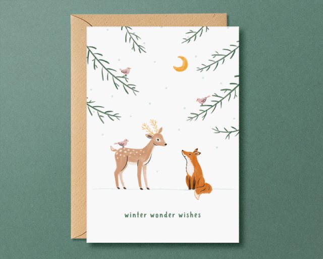 bos kerstkaart vos en hert hert