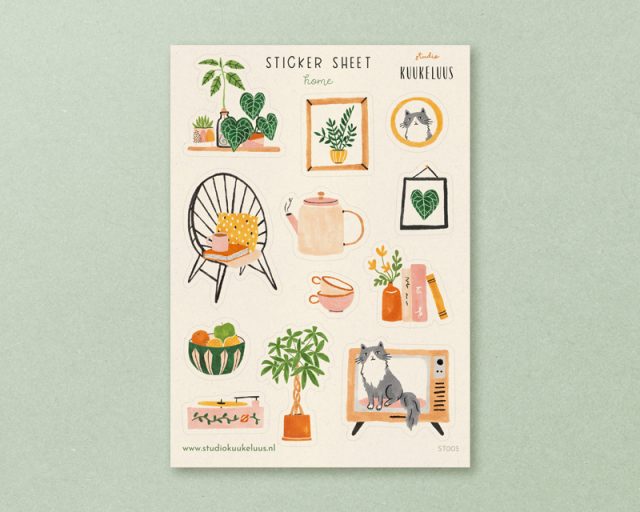 gezellig stickervel met kat, boeken, thee en planten