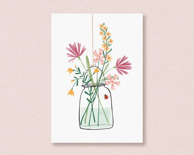 kaart met vrolijke illustratie van bloemen in een glazen jampotje