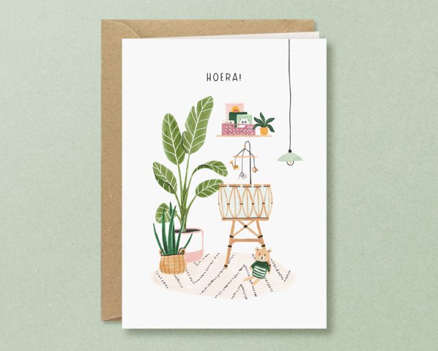 baby kaart met wieg en planten
