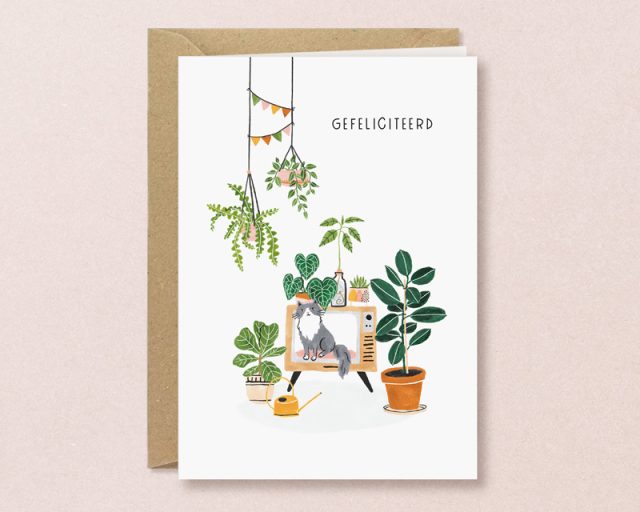verjaardagskaart kat en planten