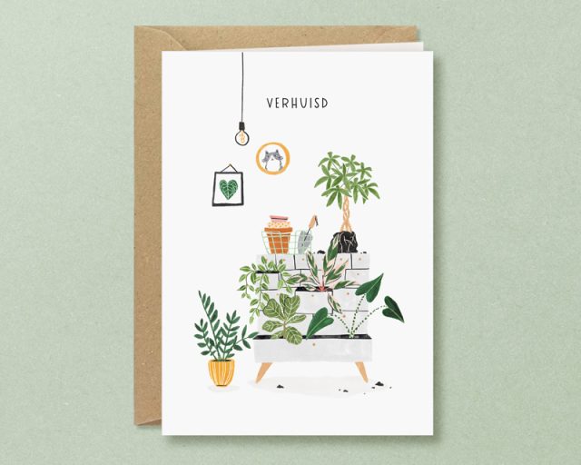 verhuiskaart met planten verpotten illustratie