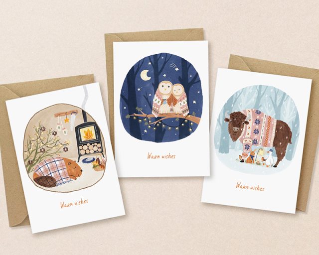 3 kerstkaarten met warme illustraties van wisent, kerkuilen en bever
