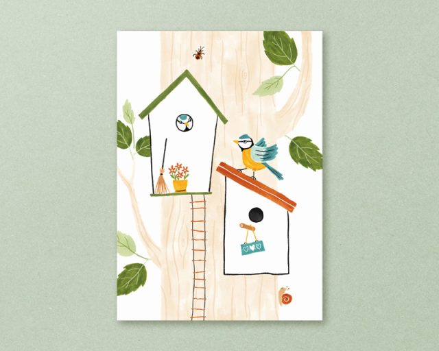 ansichtkaart met vogelhuisjes en pimpelmezen